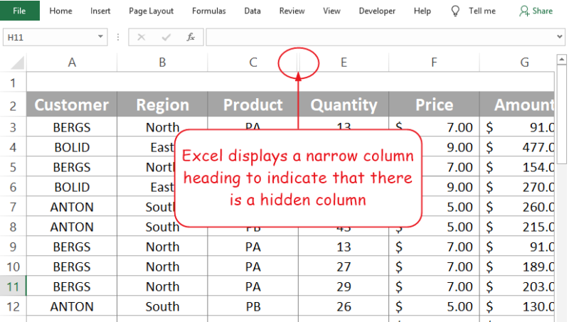 unhide a column in excel