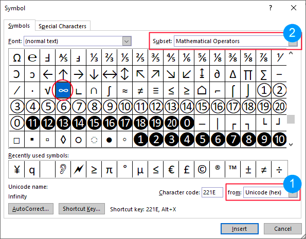 infinity symbol in Word