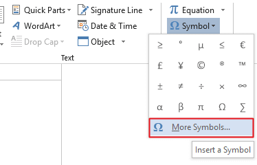 Go to Insert Tab>Symbols>Symbol>More Symbols