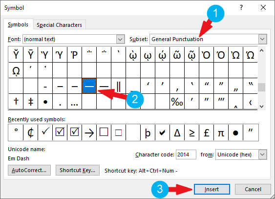 microsoft word keyboard shortcuts em dash