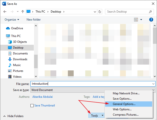 At the bottom of the Save as dialog, click tools></p>
<p>General Option