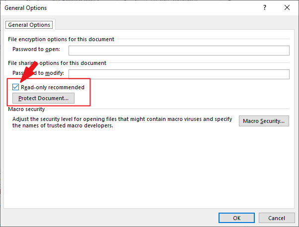 From the General Option dialog, check Read Only recomended