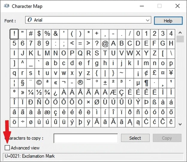 Advanced view on Windows Character map