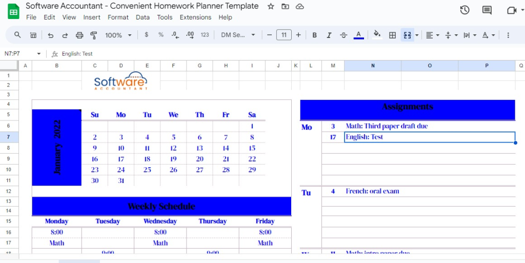 google sheets homework planner