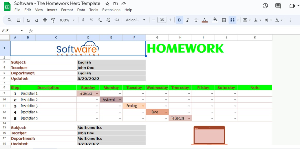 college assignments spreadsheet